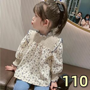 キッズブラウス　花柄シャツ　長袖トップス　フリル　女の子春秋物　可愛い　110