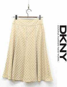 R-C389/美品 DKNY ひざ丈スカート フレア 総レース 総柄 2 M ベージュ