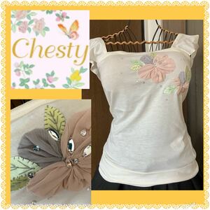 チェスティ★Chesty★きらきらビジューたっぷり★前後立体お花とろみカットソー