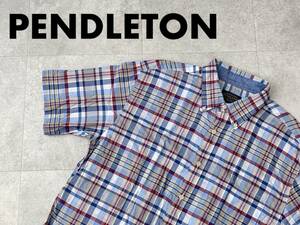 ☆送料無料☆ PENDLETON ペンドルトン 古着 半袖 チェック 胸ポケット付 ボタンダウン シャツ メンズ L ブルー トップス 中古 即決