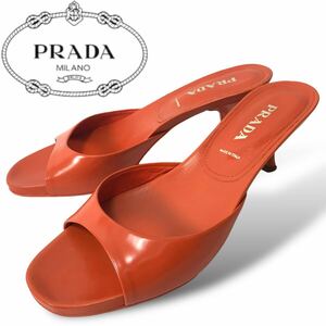 n294 良品 PRADA プラダ レザー ミュール　サンダル オレンジ シンプルデザイン 38.5 イタリア製 レディース 正規品