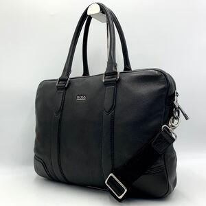 [極美品] HUGO BOSS ヒューゴボス シボ革 オールレザー 2way メンズ ビジネスバッグ ブリーフケース 斜め掛け ロゴ金具 A4+PC可 通勤 黒 