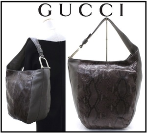 70万新品◆GUCCI グッチ グリニッチ灰茶パイソン×レザー A4サイズ対応 大型ワンハンドルショルダーバッグ １円