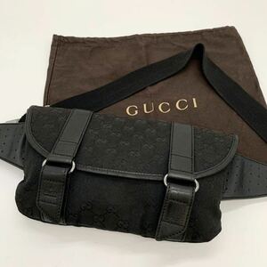 1円 美品 GUCCI グッチ ボディバッグ ウエストポーチ ショルダーバッグ ベルト GG キャンバス レザー 黒 ブラック メンズ シルバー金具