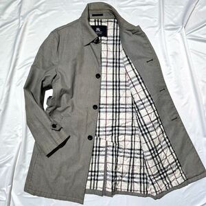 BURBERRY BLACK LABEL【至高の逸品】バーバリーブラックレーベル ノバチェック ステンカラーコート アウター グレー グレンチェック 牛革 L