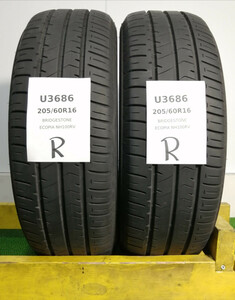 205/60R16 92H Bridgestone Ecopia NH100RV 中古 サマータイヤ 2本セット 2019年製 送料無料 205/60/16 ブリヂストン U3686.R