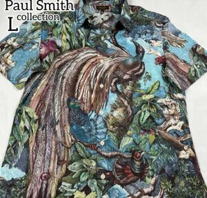 超希少Lサイズ◎未使用 高級 Paul Smith collection ポールスミスコレクション ピーコック 孔雀柄シャツ 半袖 総柄 ドレスシャツ メンズ 