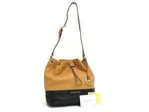 1円 ■美品■ MICHAEL KORS マイケルコース レザー 巾着型 クロスボディ ワンショルダーバッグ 斜め掛け ブラウン系×ブラック系 FG3599