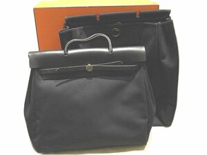 HERMES エルメス エールバッグMM ブラック キャンバス レザー ◇ 替えバッグ付き □にC刻印 2WAY ショルダー ハンドバッグ ▼シフト00/6E