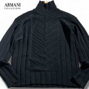 極美品/XL ●ARMANI COLLEZIONI アルマーニコレツォーニ メンズ ●編み込み ケーブルニット セーター ストレッチ ブラック ハイネック 50