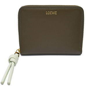 ロエベ LOEWE ノット コンパクト ジップウォレット 二つ折り 財布 CEM1CWZX01 レザー カーキ グリーン ゴールド金具 小物 新品同様