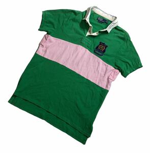 ■ Polo Ralph Lauren ポロ ラルフローレン ■ ロゴ エンブレム ワッペン 半袖 ポロシャツ グリーン×ピンク XL