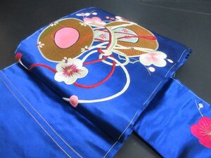 1円 良品 正絹 名古屋帯 和装 和服 綸子生地 アンティーク 青 日本刺 鼓 和楽器 お太鼓柄 九寸帯 長さ335cm【夢職】★★★