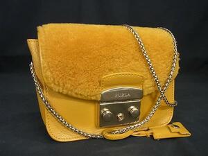 1円 ■美品■ FURLA フルラ メトロポリス レザー×ファー チェーン ショルダーバッグ クロスボディ レディース イエロー系 BM4066