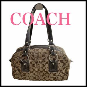 【COACH】ミニボストン　シグネチャー　レザー　ブラウン　レディース