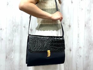 美品 LOEWE ロエベ 艶 クロコダイル レザー ヴィンテージ ショルダーバッグ クラッチバッグ バッグ 黒×紺 2WAY 72289