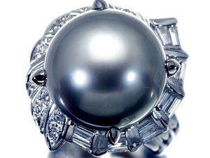 1円～【ジュエリー極】極上カラー美しい逸品！南洋シルバブラックーパール12.6mm＆ダイヤ0.45ct 高級Pt900リング a1596uulm【送料無料】