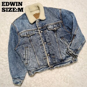 EDWIN◆ボア USED加工 デニムジャケット インディゴ M/メンズ エドウィン ボアジャケット 裏ボア ブルゾン ビンテージ Gジャン 青 ブルー