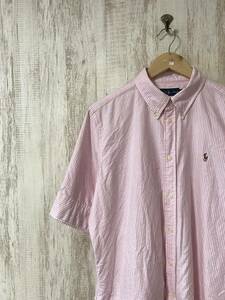 V804☆【ボタンダウン ストライプ オックスフォードシャツ 半袖】RALPH LAUREN ラルフローレン アメカジ XL ピンク