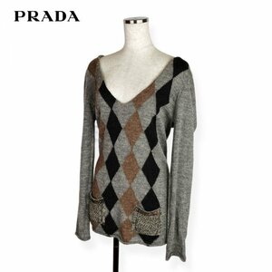 ★高級生地★ PRADA プラダ ウール アルパカ カシミヤ スパンコール アーガイル ダイヤチェック ニットセーター 42 XLサイズ イタリア製