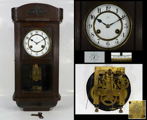 《ＶＰ》ドイツ製 ユンハンス JUNGHANS ホーロー文字盤 振り子掛時計 柱時計 半時打ち 作動品 全長５３ｃｍ