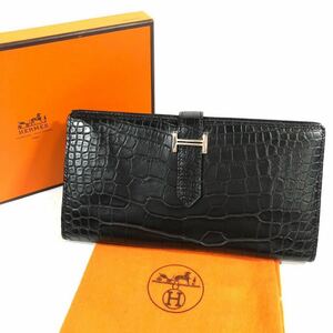 美品【エルメス】基準内 HERMES アリゲーター 長財布 べアン スフレ 黒色系 クロコダイル シルバー色金具 □Q ワニ革 メンズ レディース 箱