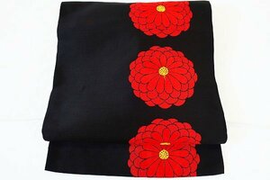 【着物フィ】アンティーク/名古屋帯/長さ3m46m/黒色/刺繍/菊/大正ロマン/レトロ/お洒落/正絹/仕立て上がり/13019