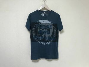 本物ディーゼルDIESELコットンロゴプリント半袖TシャツメンズミリタリーアメカジサーフストリートスケーターXS青ブルーグリーン