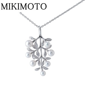 ミキモト ダイヤ パール ネックレス オリーブ リーフ アコヤパール5.2mm～7.2mm 44cm K18WG 箱 新品仕上げ済 MIKIMOTO【18755】