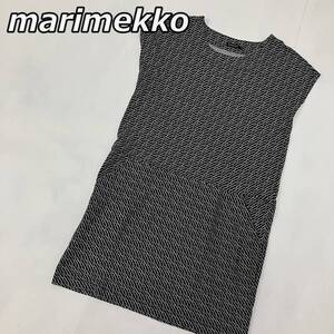 【marimekko】マリメッコ 総柄 クルーネック ノースリーブ ワンピース ひざ丈スカート 黒 ブラック