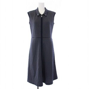 ルネ Rene 23年製 Checkered Knit Dress ニットワンピース ノースリーブ ひざ丈 チェック 襟付き パール 34 S 紺 ネイビー /KH レディース