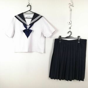 1円 セーラー服 スカート リボン 上下3点セット 180B 大きいサイズ 特大 カンコー 夏物 白3本線 女子 中学 高校 白 中古 ランクC EY5677