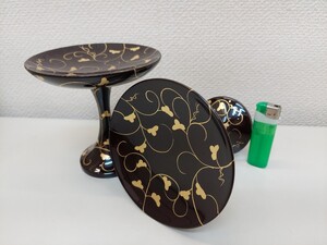 高月　寛通型　豪華　タメ塗　唐草蒔絵　木製品　四寸五分　径１３３ミリ　一対　デッドストック　アウトレット　仏具　供物　仏壇　お内仏