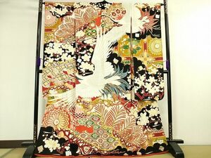 平和屋本店■極上　アンティーク　大正ロマン　振袖　相良刺繍　飛鶴吉祥花文　黒地　金銀彩　逸品　DZAA1956kh4