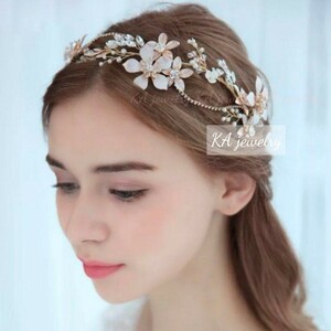 ゴールド ヘッドドレス ウェディング ヘアアクセサリー ブライダル 結婚式 髪飾り 新品 ヘッドアクセサリー ウエディング フラワー ピンク