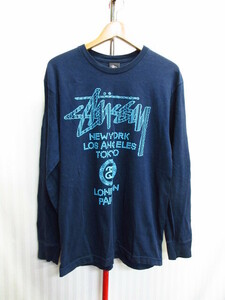 STUSSY　ステューシー　長袖Tシャツ　メンズM　紺　ネイビーシャツ　ビッグロゴTシャツ　都市ロゴ長袖カットソー　ロンT 長袖ウエア06131