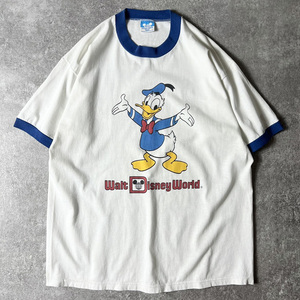 80s USA製 ディズニー オフィシャル ドナルド プリント 半袖 リンガー Tシャツ L / 80年代 ビンテージ ドナルドダック キャラクター