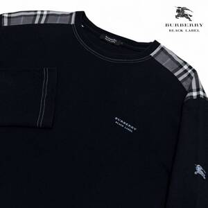 極美品/3(L)●バーバリーブラックレーベル ホース刺繍 ノバチェック 長袖 クルーネック Tシャツ ブルーステッチ 黒 BURBERRY BLACK LABEL