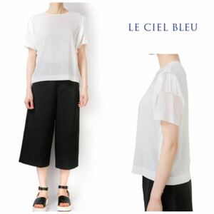 LE CIEL BLEU ジョーゼットフリンジTee ブラウス素材 オフホワイト　透け感　シアーTシャツ　ルシェルブルー　サラサラ