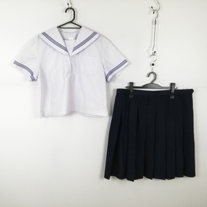 1円 セーラー服 スカート 上下2点セット 大きいサイズ 特大 夏物 青3本線 女子 学生服 中学 高校 白 制服 中古 ランクC EY9691