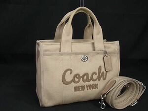 1円 ■美品■ COACH コーチ CP164 カーゴトート 26 キャンバス 刺繍 2WAY トート ショルダーバッグ クロスボディ ベージュ系 FD8152