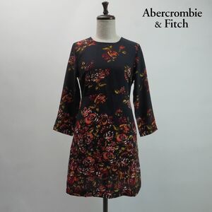 美品 Abercrombie & Fitch アバクロンビー & フィッチ 花柄ワンピース 七分袖 膝丈 レディース 黒 ブラック サイズXS*NC1349