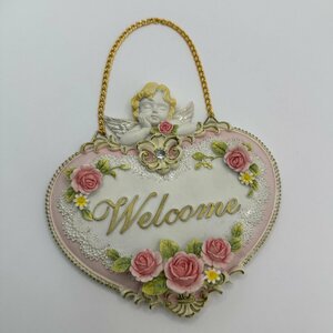 q365 ウェルカムプレート　Welcome ドアミニプレート ハート型 天使 薔薇 インテリア雑貨