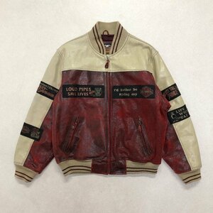 ●90s HARLEY DAVIDSON ハーレーダビッドソン レザージャケット ヴィンテージ スタジャン 牛革 ブラック sizeM レッド/クリーム 1.55kg●