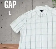 GAP メンズ　カジュアルシャツ　WH×ライトグリーン　チェック　半袖　L