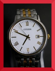 美品 シチズン CITIZEN エコドライブ Eco-Drive 3針 デイト 純正ベルト E111-S067901 男性用 メンズ 腕時計 日本製 x164 稼働品