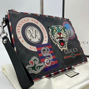 1円《稀少・美品》GUCCI グッチ ナイトクーリエ 虎 タイガー ワッペン刺繍 クラッチバッグ セカンドバッグ レザー 本革 PVC メンズ