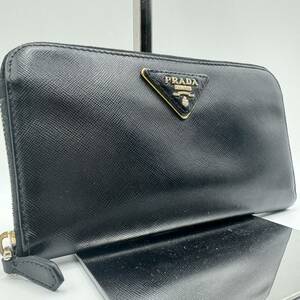 1円■極美品■PRADA プラダ 三角ロゴ トライアングル ラウンドファスナー 長財布 サフィアーノレザー 本革 ブラック メンズ ビジネス