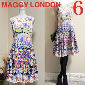 Maggy London マギーロンドン　手描き　花柄　ワンピース　6 M 白　マギー　インポートドレス