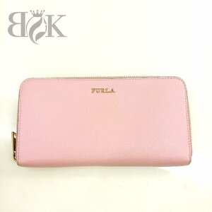 フルラ 長財布 ラウンドファスナー ウォレット ピンク×ゴールド金具 保存袋 箱付き レディース FURLA 中古 ★